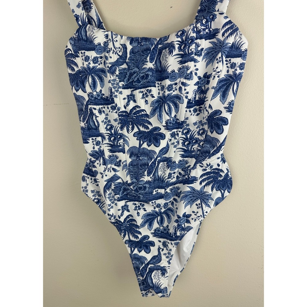 STAUD Adelaide Blue Toile One Piece Swimsuit Corset Boning M Tropical Dog Print - Picture 3 of 14
